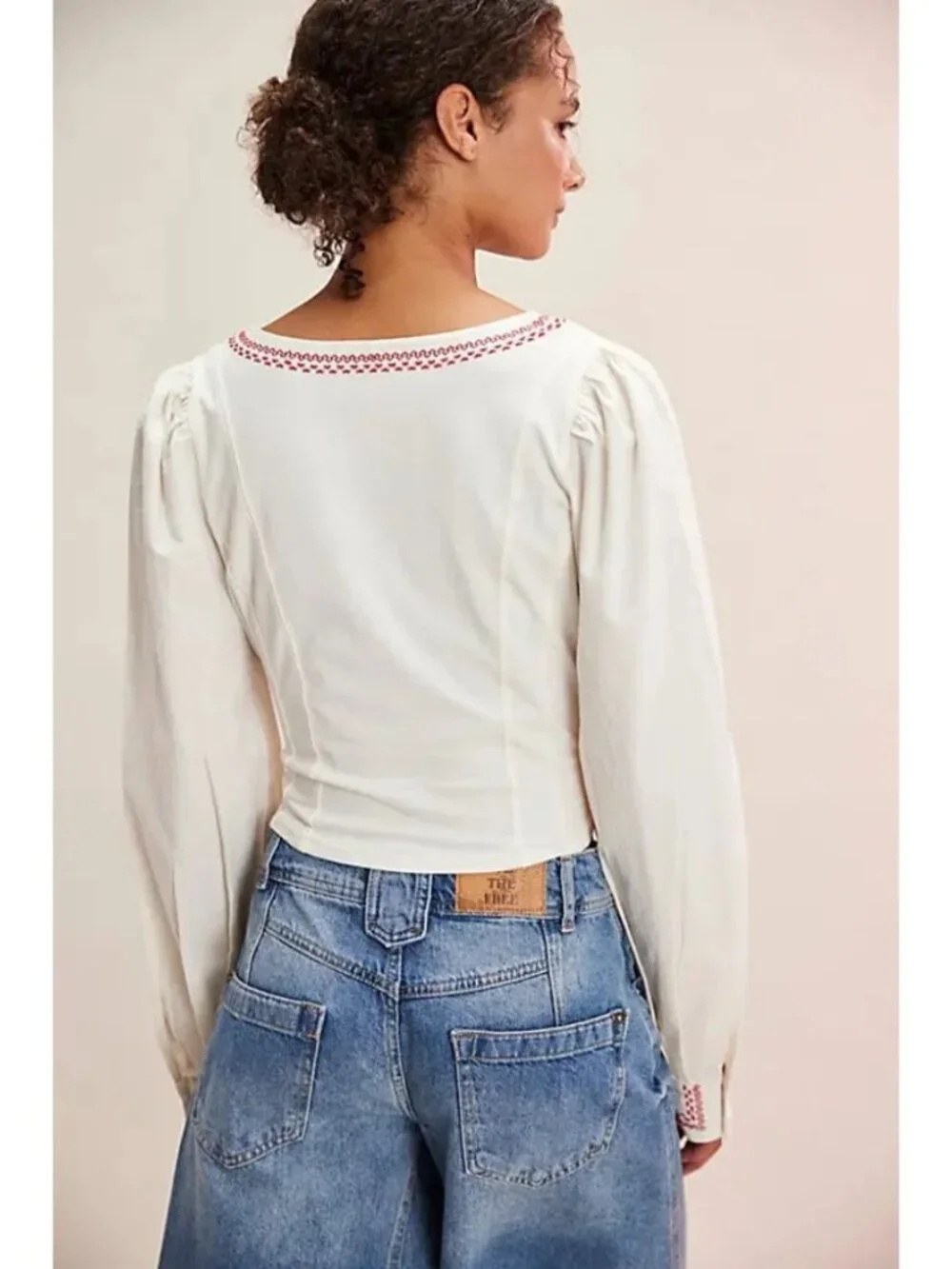 NWT Free People Mada Top Cream Peasant Boho Cropped Scoop Neck Blouse Size L